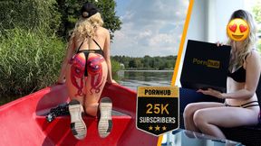 Stepsister celebrates 25k subs achievement by public riding dick of her stepbrother on boat on river outside