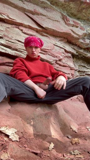 College boy plays with his hard cock on a hiking trail
