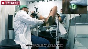 Very horny teen girl goes to a fake gynecologist's clinic, the doctor opens her pussy and they fuck