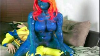 Bodypainted Slut Cosplaying As Mystique from X-Men Riding Wolverine&#8217;s Cock