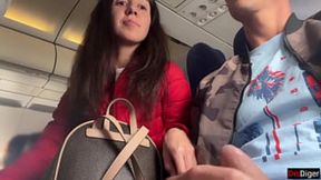 Skinny teen gives handjob on plane, small tits flash