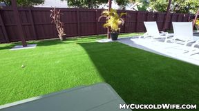 Sexy wife Aimee Cambridge fucks cute pool guy while her husband films