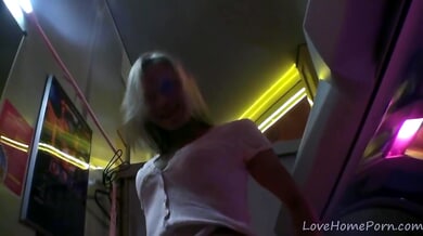 Blonde solo girl spreads wide in a glowing public tanning bed
