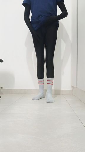 Having fun at home in the morning, wearing a black zentai and socks