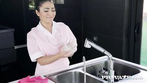 Shaved slutty maid takes double DP and nice tits breasting
