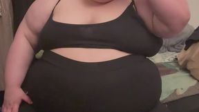 Massive SSBBW struggles to try on new leggings, then jiggles fat undulating belly - huffing and puffing - immobility feedee weight gain super fat