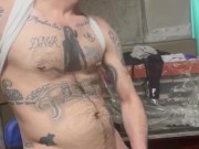Beermunkie hot white trash smoker jerks his big cock while smoking