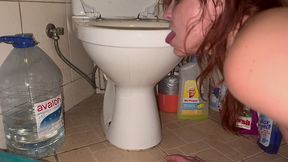 licking dirty floor and toilet, flashing head in toilet