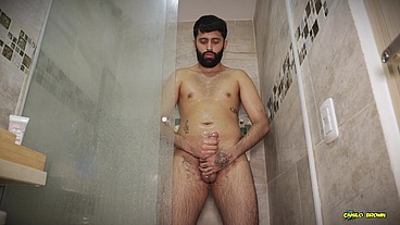 Hot Big Uncut Cock Daddy Camilo Brown Edging In The Shower And Shooting His Cum