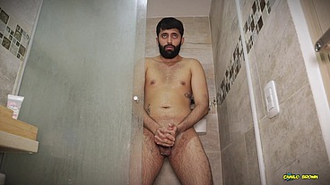 Hot Big Uncut Cock Daddy Camilo Brown Edging In The Shower And Shooting His Cum