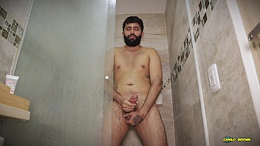 Hot Big Uncut Cock Daddy Camilo Brown Edging In The Shower And Shooting His Cum