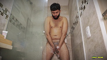 Hot Big Uncut Cock Daddy Camilo Brown Edging In The Shower And Shooting His Cum