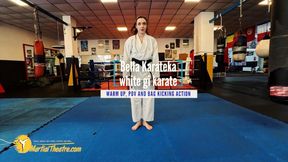 Bella Karateka white gi karate warm up, POV and bag kicking action