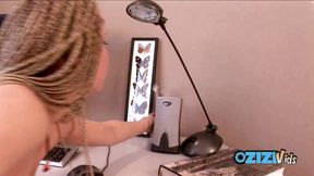 Long-haired college girl fucks herself with a big dildo