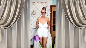 Hot Housewife Lukerya Masturbates on a Washing Machine, Russian MILF Solo, Teases in White Shorts
