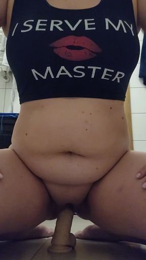 Orgasm control training: riding a dildo with a wand but not being allowed to reach orgasm