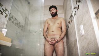 Steamy Thick Uncircumcised Knob Father Camilo Dark-skinned Edging In The Bathroom And Shooting His Spunk