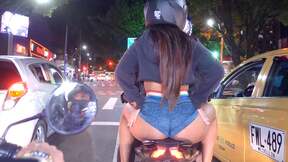 Colombian latin shows off her big booty in public during a motorcycle tour