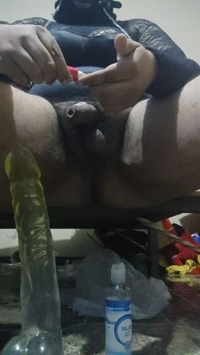 Dildo riding 12&#34; crossdreser and cumming