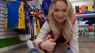 Big booty blonde teases a man for sex on the floor