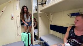 Train ride threesome with cute outdoor slut