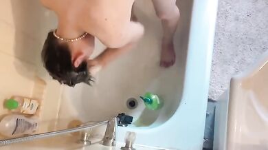 Black hair babysitter gets hairy showered after messy solo session