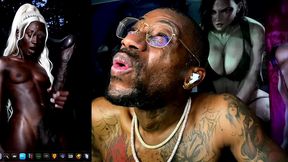 petite transgender ebony girl jerking off her long hard black ass cock and cumming, ai generated
