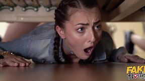 Two hot babes with nice asses get stuck under the bed and get fucked by a horny dude with big cock who uses this opportunity to his advantage