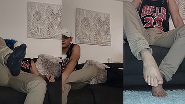 He shows his feet and stockings