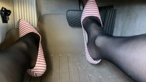 Mimi Drives the BMW in Black Nylons & Striped Pumps