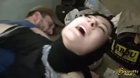 French babe gets double penetrated in garage gangbang