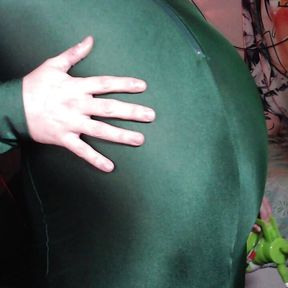 Stretchy Green Unitard Belly Inflation