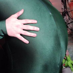 Stretchy Green Unitard Belly Inflation