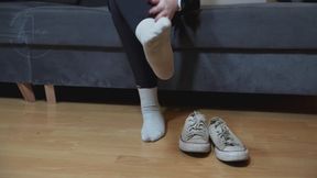 Sockjob footjob, smelly socks sniffing handjob