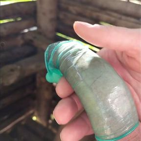 Cum into condom on hunting stand