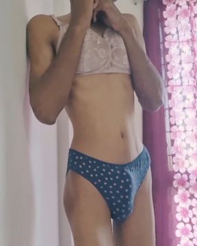 Sissy boy enjoy with sister&#039;s bra and pantie