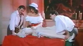 Brunette housemaid watched how two men fuck blonde girl on the table