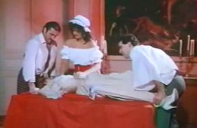Brunette housemaid watched how two men fuck blonde girl on the table