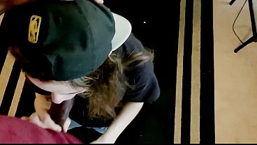 Brunette babe gives sloppy blowjob to BBC