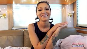 Skinny Inked Brunette Raven Lane Fills Her Wet Pussy With A Big Dildo!