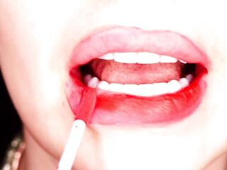 4K Applying red lipstick and smokin' hookah on ebony background