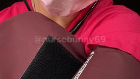 Self BP Cuff Vitals Exam Pink Scrubs Black Stethoscope No Nudity