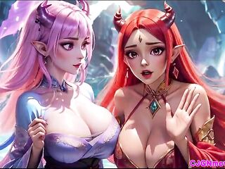 MOVIE SCENE, The queen ask two angels for Kiss and bouncing breast, Ai animation