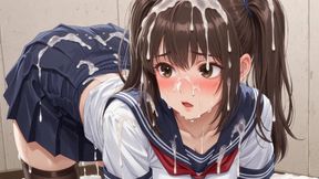 The student girl is cummed all over her face