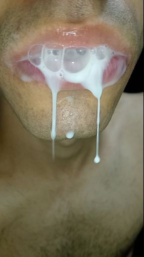 Cum in my mouth, six pack, I play with your cum, and I swallow it, close-up, gay naughty, tongue, sloopy