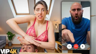 Hot blonde turns morning video call into hard sex while husband watches
