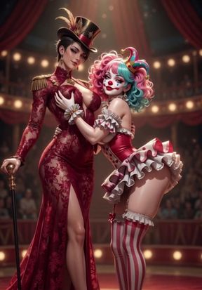 Anime circus strip ring leader clown and acrobat sexy circus show