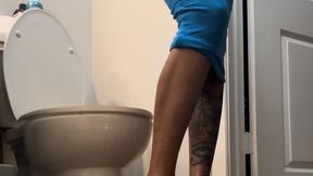 Annoyed Toilet Goddess in a Tight Blue Dress & Heels