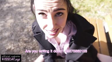 Russian student gets creampie in the woods public blowjob