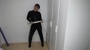 Slave cums on leather pants a